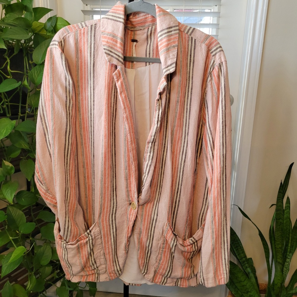 Free People Linen Blend Striped Oversized Blazer Pink Orange Women's Large